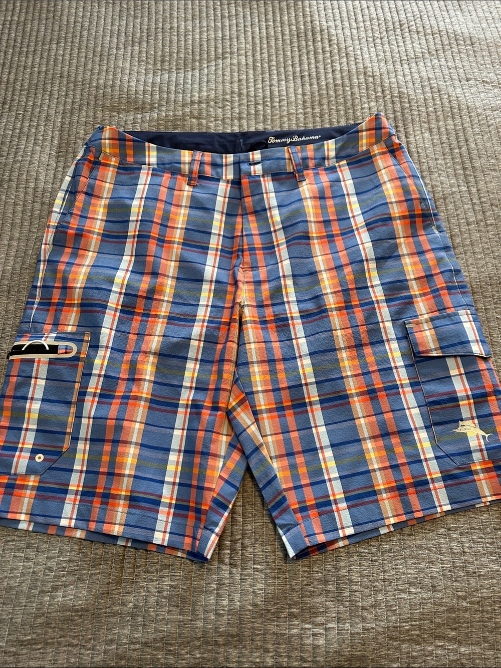 Tommy Bahama Orange, Blue & Cream Plaid Cargo Shorts